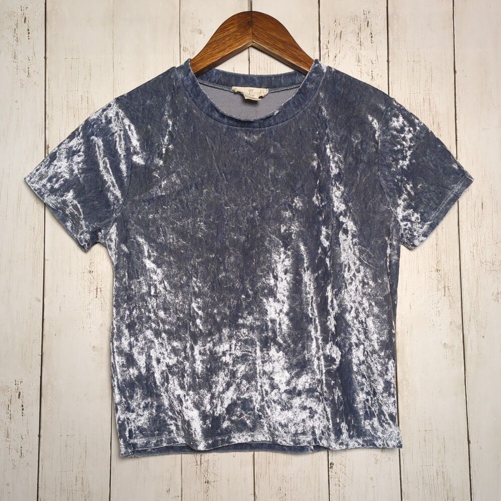 Silver Blue Crushed Velvet Crop Top Size Small Y2K Soft Grunge Emo Punk Rave